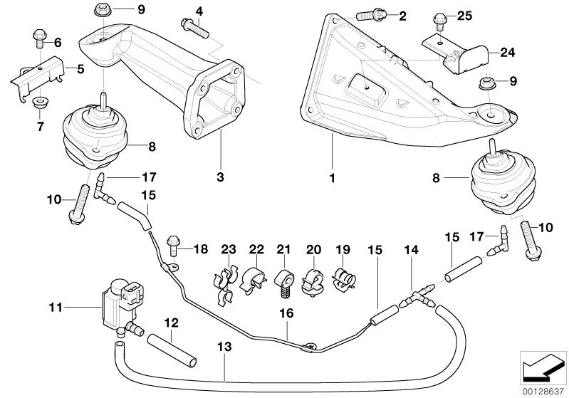 Picture board Engine Suspension for the BMW X Series models  Original BMW spare parts from the electronic parts catalog (ETK) for BMW motor vehicles (car)   Cable holder, Electric valve, Engine mount, Engine supporting bracket, left, Engine supporting bra