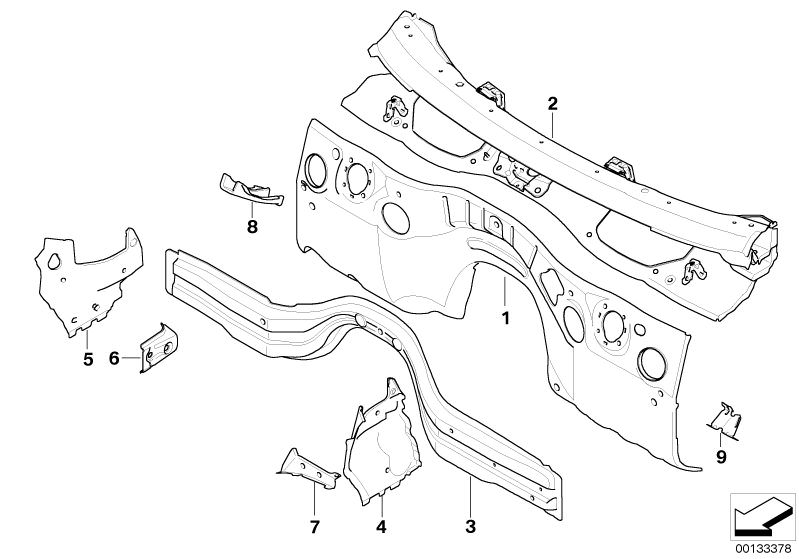 Picture board SPLASH WALL PARTS for the BMW 3 Series models  Original BMW spare parts from the electronic parts catalog (ETK) for BMW motor vehicles (car)   Bracket for accelerator pedal module, Cover panel, engine compartment, left, Covering right, Left 