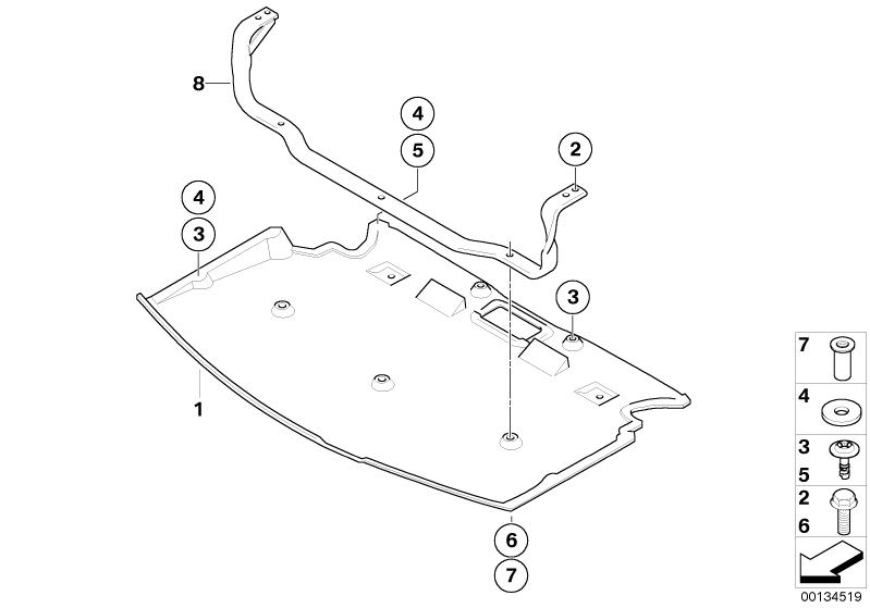 Picture board Underride protection, front for the BMW 5 Series models  Original BMW spare parts from the electronic parts catalog (ETK) for BMW motor vehicles (car)   AGGREGATE PROTECTION BOW, Blind rivet nut, flat headed, Circlip, Quick-release screw, SE