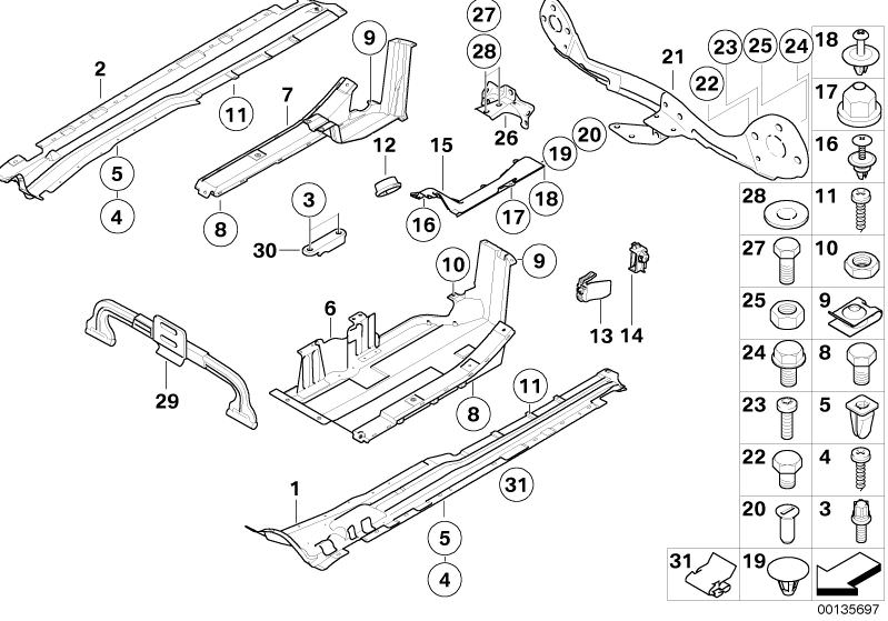 Picture board Misc. body parts/floor pan rear for the BMW X Series models  Original BMW spare parts from the electronic parts catalog (ETK) for BMW motor vehicles (car)   Body nut, Bracket for hazard warn. triangle, Cap nut, Catch bracket, Clamp, Expandin