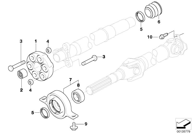 Picture board Drive shaft,univ.joint/centre mounting for the BMW 1 Series models  Original BMW spare parts from the electronic parts catalog (ETK) for BMW motor vehicles (car)   Centering sleeve, Centre Mount, aluminium, DAMPER RING, Grooved ball bearing,