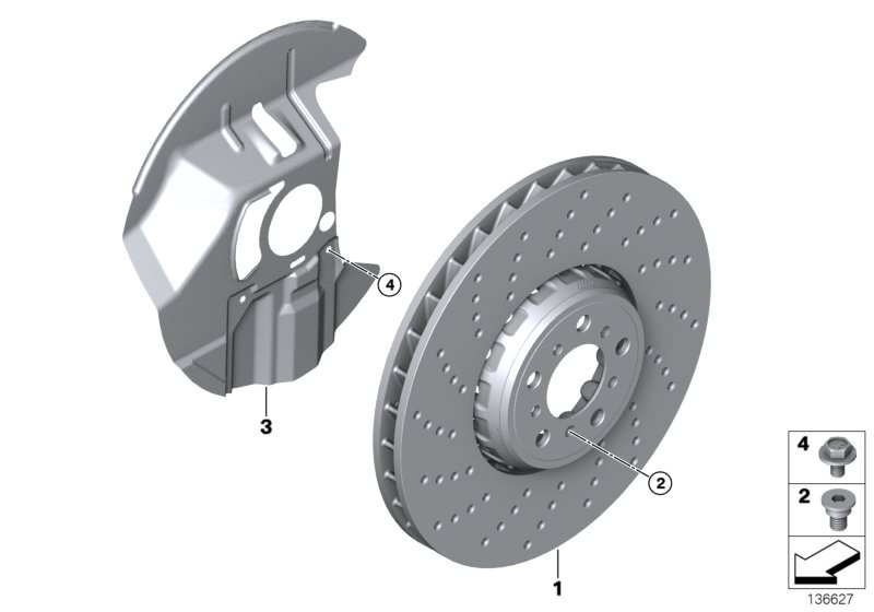 Picture board Front wheel brake disc perforated for the BMW Z Series models  Original BMW spare parts from the electronic parts catalog (ETK) for BMW motor vehicles (car)   Brake disc, ventilated, perforated, left, Hex Bolt, Inner hex bolt, Protection pla