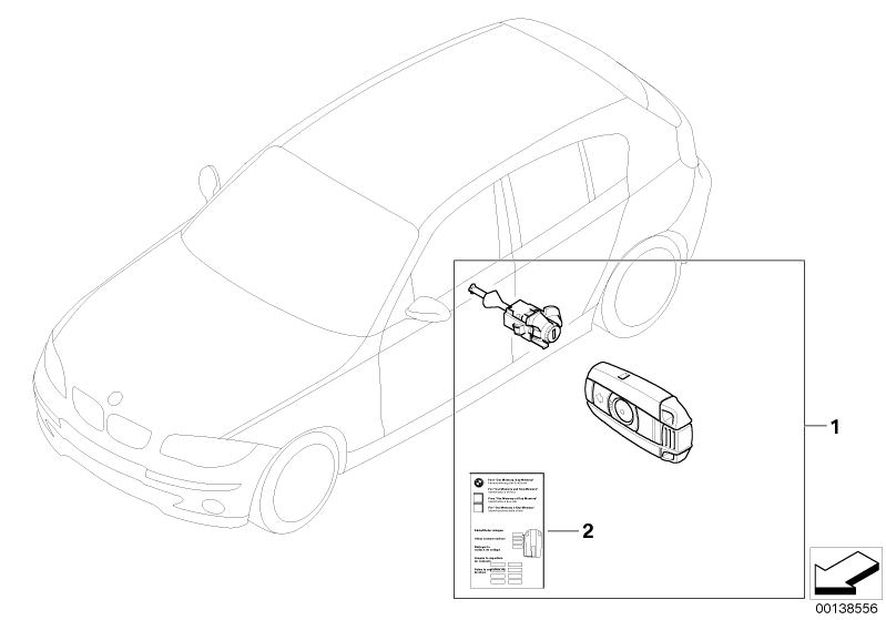 Illustration du Clefs identiques pour les BMW 1 Série Modèles  Pièces de rechange d'origine BMW du catalogue de pièces électroniques (ETK) pour véhicules automobiles BMW (voiture)   Label ´´Key Memory´´, Set uniform lock.syst. w/CAS cntrl(code)