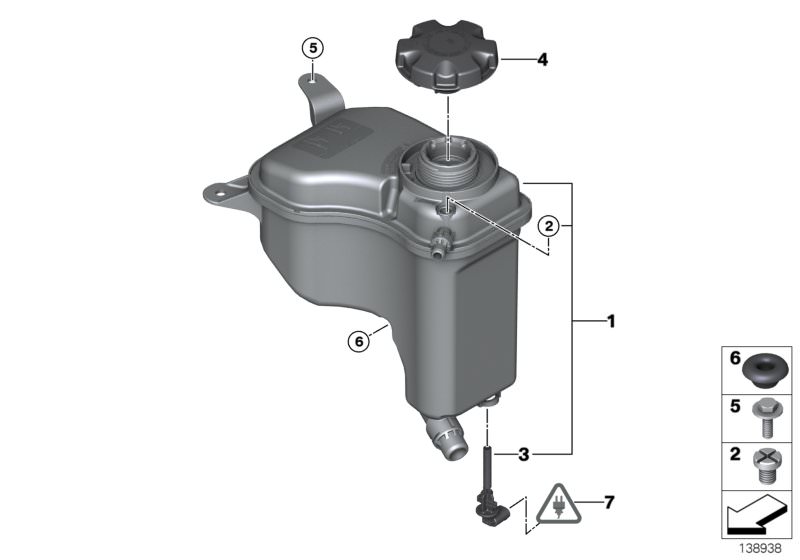 Picture board Expansion tank for the BMW 3 Series models  Original BMW spare parts from the electronic parts catalog (ETK) for BMW motor vehicles (car)   Expansion tank, Grommet, Hex Bolt, Level switch, coolant, Repair kit, socket housing, Screw cap for e