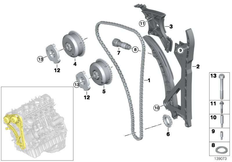 Bildtafel Steuertrieb-Steuerkette für die BMW X Modelle  Original BMW Ersatzteile aus dem elektronischen Teilekatalog (ETK) für BMW Kraftfahrzeuge( Auto)    Bundschraube, Dichtring, Gleitschiene, Impulsgeberrad, Kettenrad, Kettenspanner, Lagerbolzen, Span