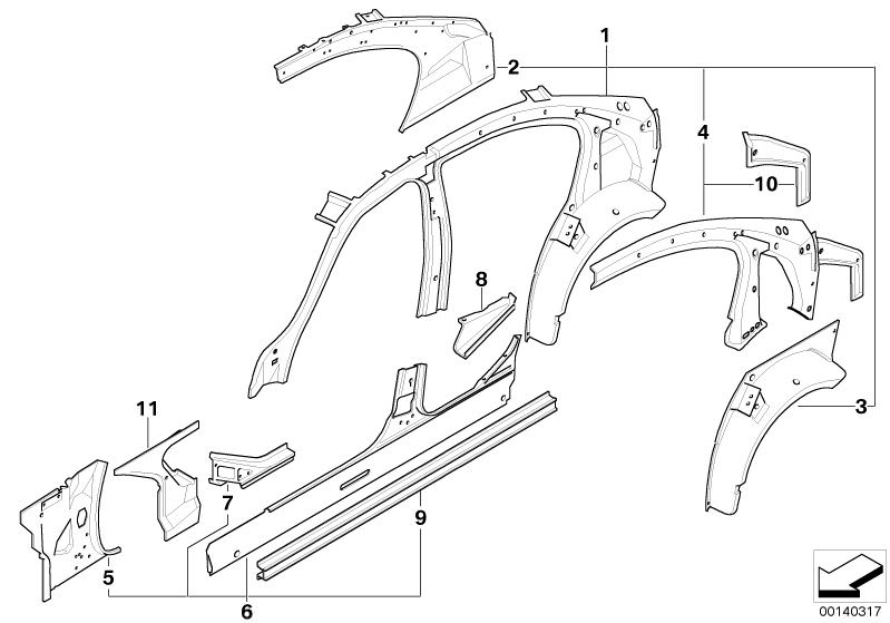 Picture board SINGLE COMPONENTS FOR BODY-SIDE FRAME for the BMW 3 Series models  Original BMW spare parts from the electronic parts catalog (ETK) for BMW motor vehicles (car)   C-pillar reinforcement, left, C-pillar, inner top left, CONNECT.PLATE F.RIGHT 