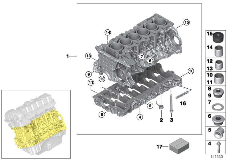 Picture board Engine block for the BMW 5 Series models  Original BMW spare parts from the electronic parts catalog (ETK) for BMW motor vehicles (car)   Blind plug, Dowel, Engine block with piston, Hex Bolt, Injection valve, Oil Spraying Nozzle, Plug, Scre