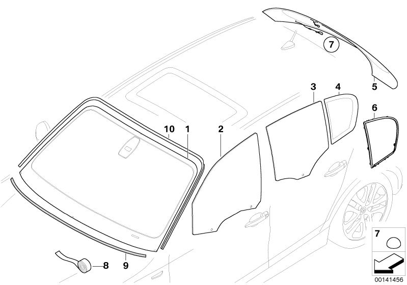 Picture board Glazing for the BMW 1 Series models  Original BMW spare parts from the electronic parts catalog (ETK) for BMW motor vehicles (car)   Cover, windshield, top, Door window, front left, Door window, rear right, Fixed door window, right, Green wi