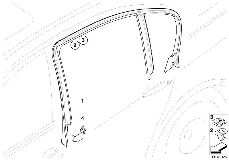 Picture board Trims and seals, door, rear for the BMW 3 Series models  Original BMW spare parts from the electronic parts catalog (ETK) for BMW motor vehicles (car)   Clamp, Cover, window frame, door rear left, Foam pad, left, SIDE WINDOW SUN BLIND HOOK