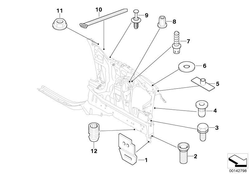 Picture board Repair elements for front end for the BMW 6 Series models  Original BMW spare parts from the electronic parts catalog (ETK) for BMW motor vehicles (car)   Blind rivet nut, countersunk head, Blind rivet nut, flat headed, Cable tie, Expanding 