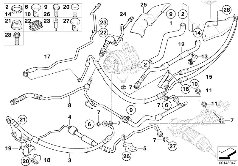 Picture board Power steering/oil pipe/dynamic drive for the BMW 5 Series models  Original BMW spare parts from the electronic parts catalog (ETK) for BMW motor vehicles (car)   Banjo bolt with check valve, Bracket, coolant hose, Bracket, expansion hose, C