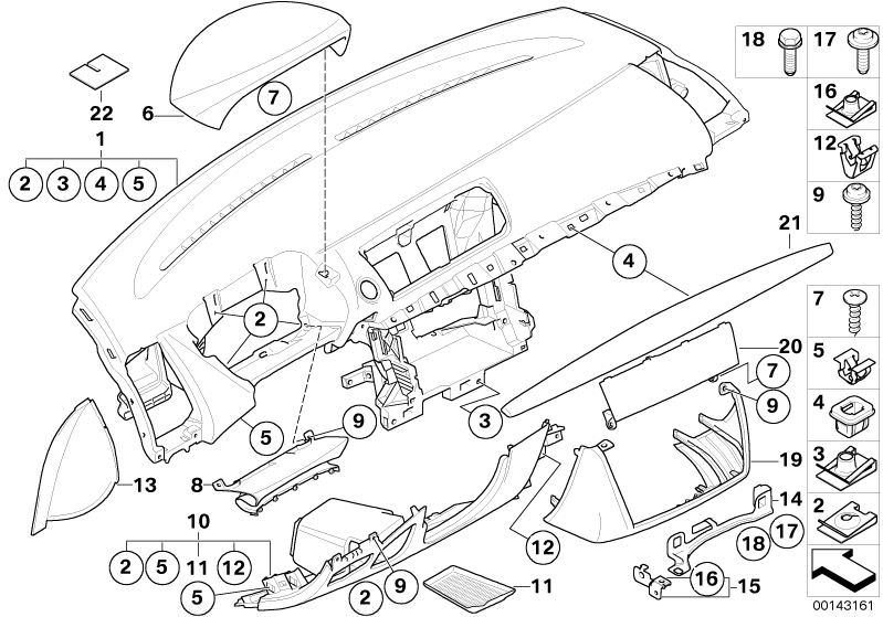 Picture board Trim panel dashboard for the BMW 1 Series models  Original BMW spare parts from the electronic parts catalog (ETK) for BMW motor vehicles (car)   Bracket, instr.panel bottom centre, C-clip nut, Clamp, Combi. fillister head self-tapping screw