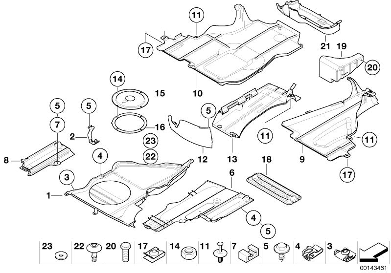 Picture board Underfloor coating for the BMW 3 Series models  Original BMW spare parts from the electronic parts catalog (ETK) for BMW motor vehicles (car)   Body nut, Bracket underfloor panelling,centre, C-clip nut, Circlip, Clip, CONNECTING SUPPORT, cov