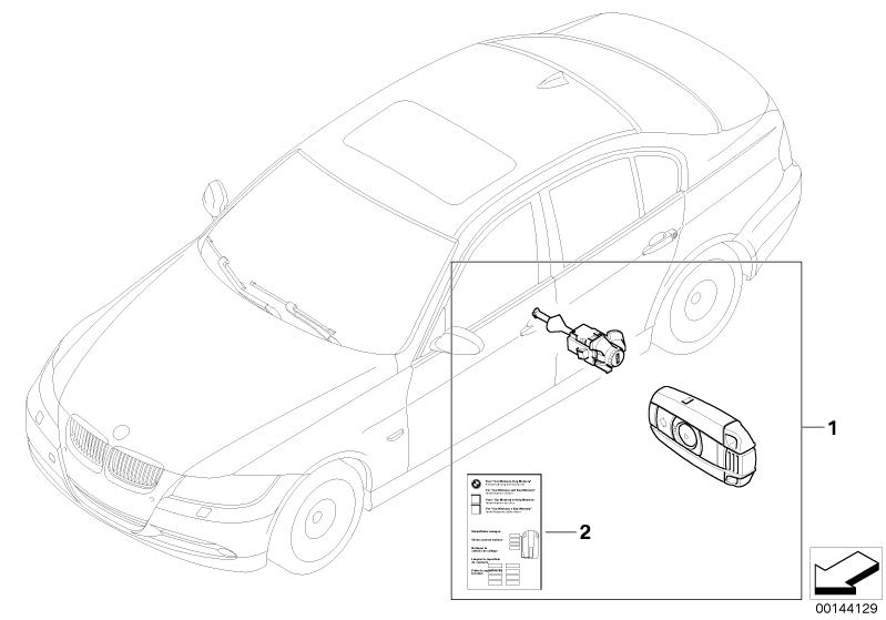Illustration du Clefs identiques pour les BMW 3 Série Modèles  Pièces de rechange d'origine BMW du catalogue de pièces électroniques (ETK) pour véhicules automobiles BMW (voiture)   Label ´´Key Memory´´, Set uniform lock.syst. w/CAS cntrl(code)