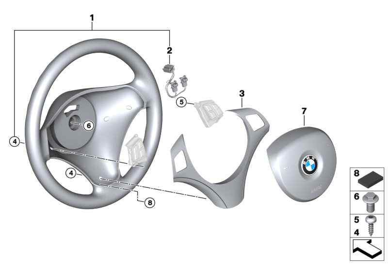 Illustration du Volant sport avec airbag multifonction pour les BMW 1 Série Modèles  Pièces de rechange d'origine BMW du catalogue de pièces électroniques (ETK) pour véhicules automobiles BMW (voiture)   Airbag module, driver´s side, Connecting line airba