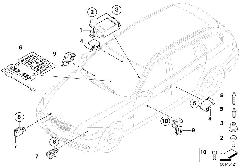 Bildtafel Elektrikteile Airbag für die BMW 3er Modelle  Original BMW Ersatzteile aus dem elektronischen Teilekatalog (ETK) für BMW Kraftfahrzeuge( Auto)    Beschleunigungssensor, Linsenschraube, Sechskantschraube, Sensormatte Beifahrersitzerkennung, Sperr