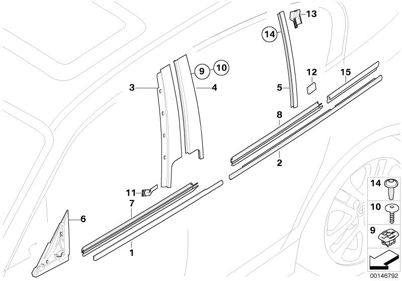 Picture board exterior trim / grille for the BMW 1 Series models  Original BMW spare parts from the electronic parts catalog (ETK) for BMW motor vehicles (car)   Channel sealing,outside,door, front left, Clip, cover for column B, Cover, column B, door, re