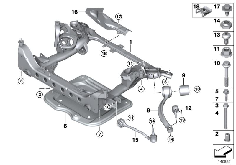 Picture board Front axle support, 4-wheel for the BMW X Series models  Original BMW spare parts from the electronic parts catalog (ETK) for BMW motor vehicles (car)   Blind rivet nut, flat headed, C-clip nut, self-locking, Flanged cap screw, Front axle su