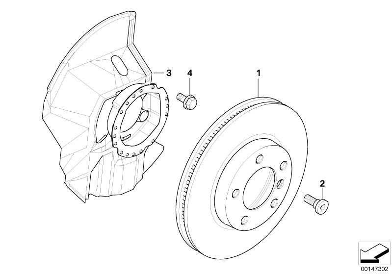 Picture board Front brake / brake disc for the BMW 3 Series models  Original BMW spare parts from the electronic parts catalog (ETK) for BMW motor vehicles (car)   Brake disc, ventilated, Hex Bolt with washer, Inner hex bolt, Protection plate left