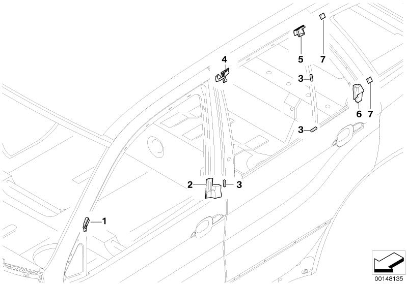 Bildtafel Blenden und Dichtungen Tür vorn für die BMW X Modelle  Original BMW Ersatzteile aus dem elektronischen Teilekatalog (ETK) für BMW Kraftfahrzeuge( Auto)    Abdichtung B-Säule oben rechts, Abdichtung B-Säule unten links, Abdichtung B-Säule unten r