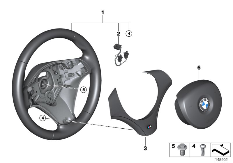 Picture board M Sports steer.-wheel, airbag, leather for the BMW 1 Series models  Original BMW spare parts from the electronic parts catalog (ETK) for BMW motor vehicles (car)   Airbag module, driver´s side, Connecting line airbag / coil spring, Cover, M 