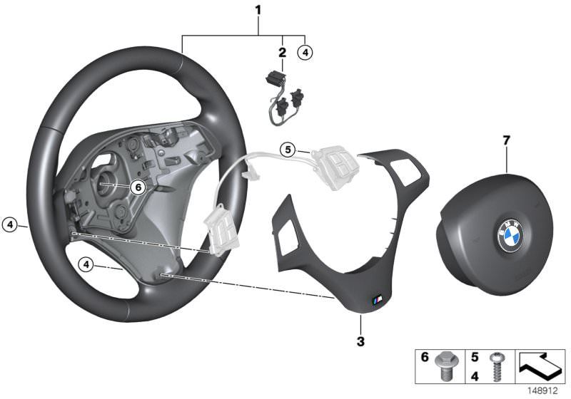 Picture board M sports strng whl,airbag,multifunction for the BMW 3 Series models  Original BMW spare parts from the electronic parts catalog (ETK) for BMW motor vehicles (car)   Airbag module, driver´s side, Connecting line airbag / coil spring, Cover, M