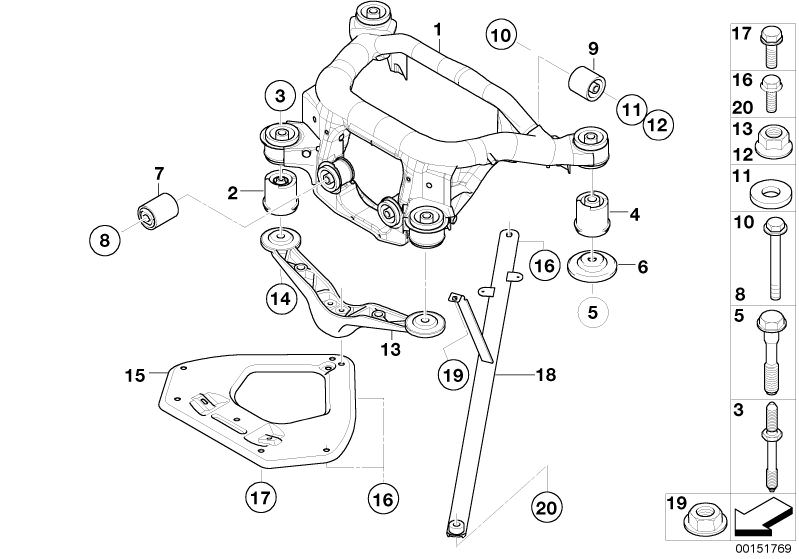 Picture board REAR AXLE CARRIER for the BMW Z Series models  Original BMW spare parts from the electronic parts catalog (ETK) for BMW motor vehicles (car)   Hex Bolt, Hex Bolt with washer, Hex nut, Hexagon screw with flange, PULL ROD RIGHT, Push rod, REAR