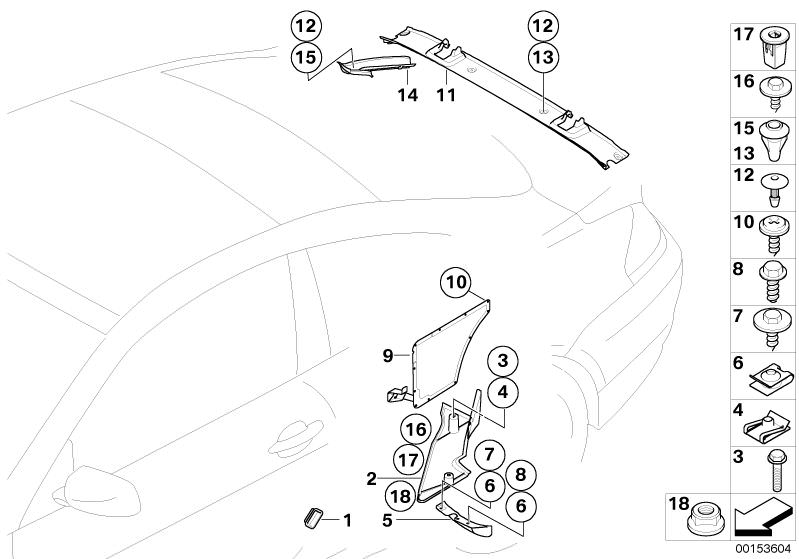 Picture board Various body parts for the BMW 6 Series models  Original BMW spare parts from the electronic parts catalog (ETK) for BMW motor vehicles (car)   Body nut, Clip, bottom part, Clip, upper part, Cover cup, hook, Cover, lateral body part rear rig