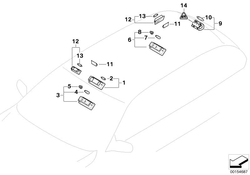 Bildtafel Innenleuchten für die BMW 3er Modelle  Original BMW Ersatzteile aus dem elektronischen Teilekatalog (ETK) für BMW Kraftfahrzeuge( Auto)    Gepäckraumleuchte/Heckklappe, Glühlampe, Innenleseleuchte hinten Mitte, Innenleseleuchte vorne, Innenleuch