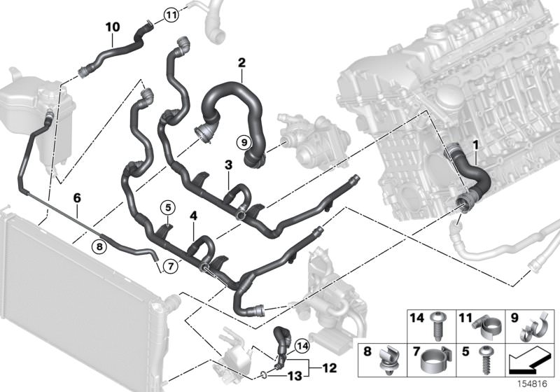 Illustration du Systeme de refroidissement - durit pour les BMW 3 Série Modèles  Pièces de rechange d'origine BMW du catalogue de pièces électroniques (ETK) pour véhicules automobiles BMW (voiture)   Clip, Hose clamp, Hose, cooling module, low-temperature