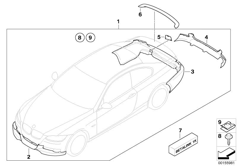 Picture board Aerodynamic package primed for the BMW 3 Series models  Original BMW spare parts from the electronic parts catalog (ETK) for BMW motor vehicles (car) 