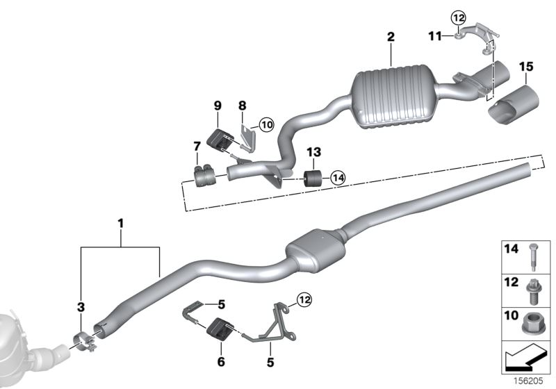 Picture board Exhaust system, rear for the BMW 3 Series models  Original BMW spare parts from the electronic parts catalog (ETK) for BMW motor vehicles (car)   CLAMPING BUSH, Collar screw, Exchange catalyst, Hex nut, Holder, Muffler clamp, Rear silencer, 