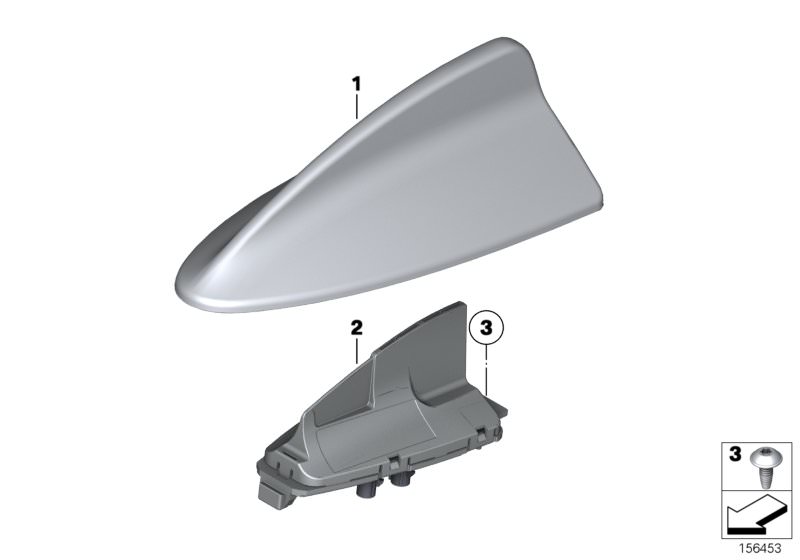 Picture board Single parts, antenna for the BMW 2 Series models  Original BMW spare parts from the electronic parts catalog (ETK) for BMW motor vehicles (car)   Empty housing for roof antenna, primed, Roof antenna, Screw, self tapping