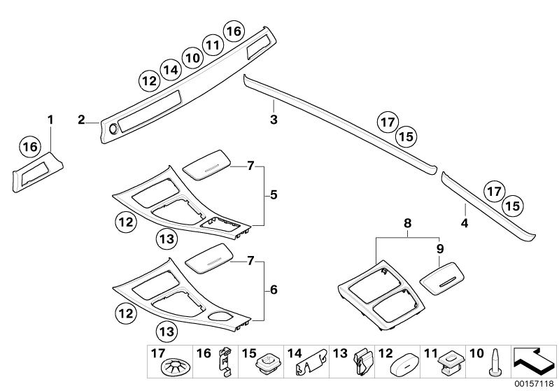 Picture board Interior trim finishers, aluminium for the BMW 3 Series models  Original BMW spare parts from the electronic parts catalog (ETK) for BMW motor vehicles (car)   Ashtray finisher/Tray long.grd.alu front, Circlip, Clamp, Clip, outer decor strip
