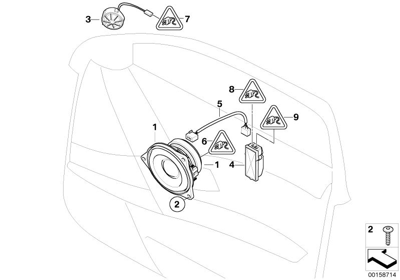 Illustration du Système audio personnalisé porte avant pour les BMW 5 Série Modèles  Pièces de rechange d'origine BMW du catalogue de pièces électroniques (ETK) pour véhicules automobiles BMW (voiture)   Connecting line, Fillister head screw, FREQUENCY-CR