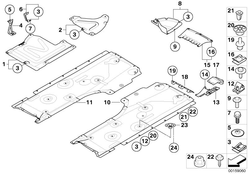 Picture board Underfloor coating for the BMW 1 Series models  Original BMW spare parts from the electronic parts catalog (ETK) for BMW motor vehicles (car)   Body nut, Bracket underfloor panelling lateral, Bracket underfloor panelling,centre, Bracket unde