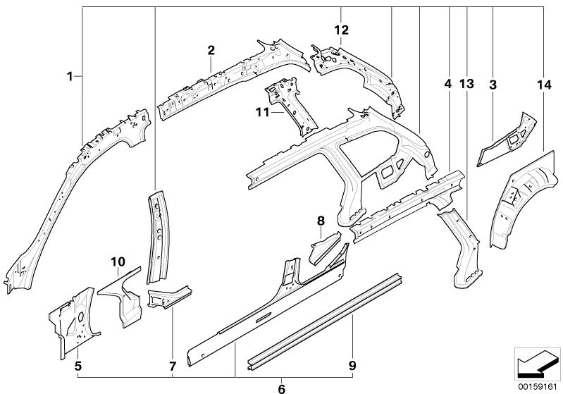 Picture board SINGLE COMPONENTS FOR BODY-SIDE FRAME for the BMW 3 Series models  Original BMW spare parts from the electronic parts catalog (ETK) for BMW motor vehicles (car)   C-pillar reinforcement, right, CONNECT.PLATE F.RIGHT SIDE PANEL FRAME, Left in