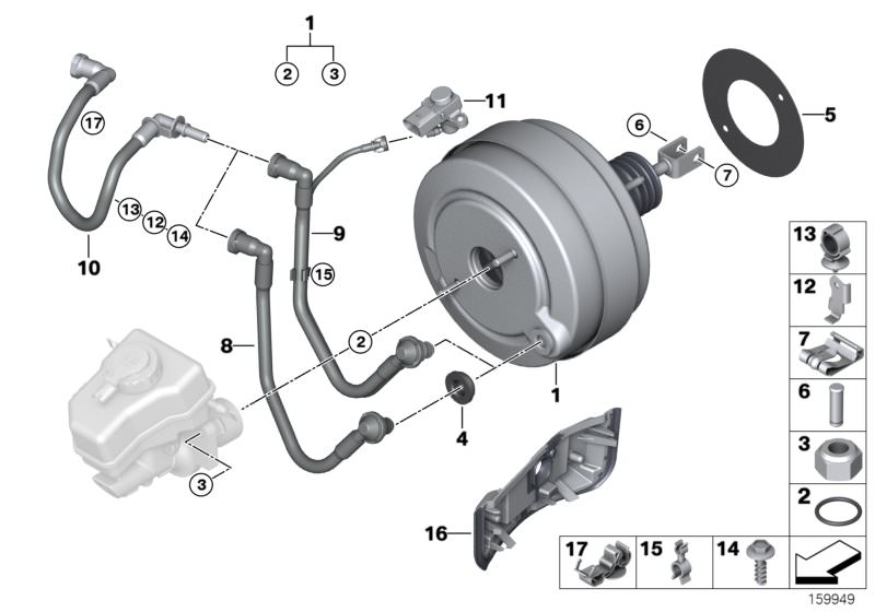 Picture board Power brake unit depression for the BMW 1 Series models  Original BMW spare parts from the electronic parts catalog (ETK) for BMW motor vehicles (car)   BRAKE MASTER CYLINDER O-RING, Brake pedal pin, Brake servo unit, Bulkhead seal, Differen