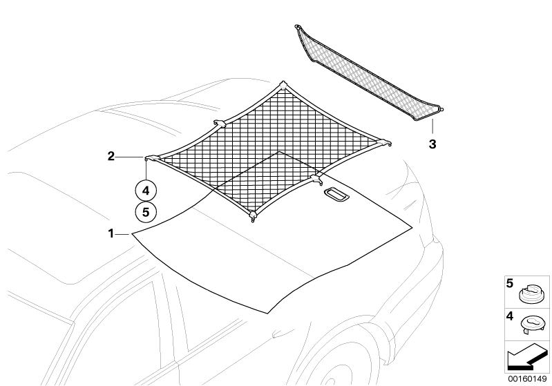 Picture board Retrofit: boot/trunk floor net for the BMW 3 Series models  Original BMW spare parts from the electronic parts catalog (ETK) for BMW motor vehicles (car) 
