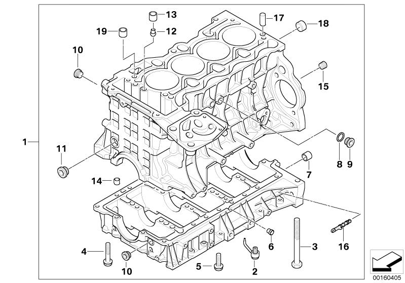 Picture board Engine block for the BMW 3 Series models  Original BMW spare parts from the electronic parts catalog (ETK) for BMW motor vehicles (car)   Blind plug, Cover lid, Dowel, Dowel pin, Engine block with piston, Gasket ring, Hex Bolt, Hex Bolt with