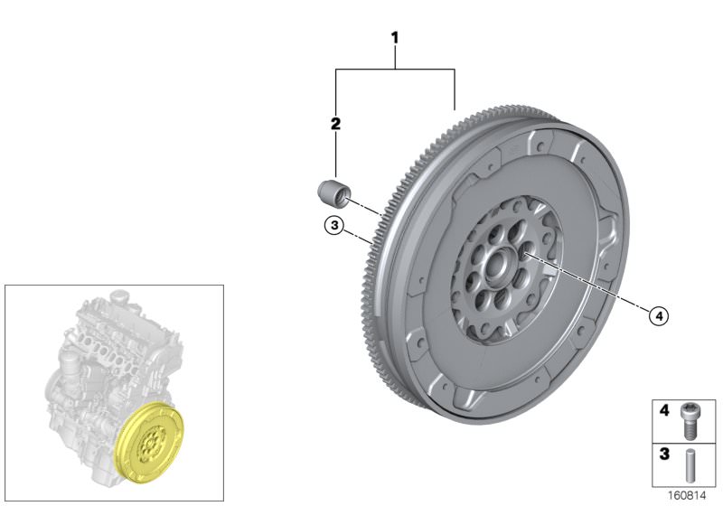 Picture board Flywheel / Twin Mass Flywheel for the BMW 3 Series models  Original BMW spare parts from the electronic parts catalog (ETK) for BMW motor vehicles (car)   Cylindrical roller bearing,radial, ISA screw, Pin, Twin Mass Flywheel