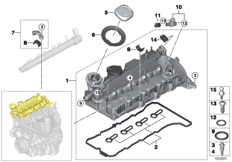 Picture board Cylinder head cover for the BMW 1 Series models  Original BMW spare parts from the electronic parts catalog (ETK) for BMW motor vehicles (car)   ASA-Bolt, BALL HEAD BOLT, Camshaft sensor, Cylinder head cover, Decoupling element, Gasket, Gask