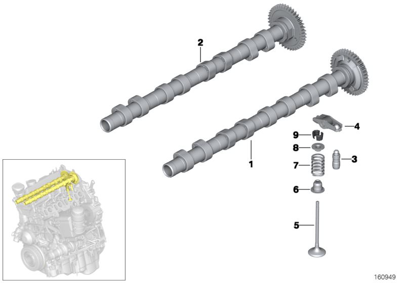 Picture board TIMING AND VALVE TRAIN-CAMSHAFT for the BMW 1 Series models  Original BMW spare parts from the electronic parts catalog (ETK) for BMW motor vehicles (car)   Compensating element, Inlet camshaft, Intake valve, Outlet camshaft, Repair kit valv