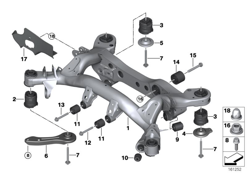Picture board REAR AXLE CARRIER for the BMW 3 Series models  Original BMW spare parts from the electronic parts catalog (ETK) for BMW motor vehicles (car)   Combination nut, Hex Bolt, Hex Bolt with washer, PUSH ROD LEFT, REAR AXLE CARRIER, Rubber mount, r