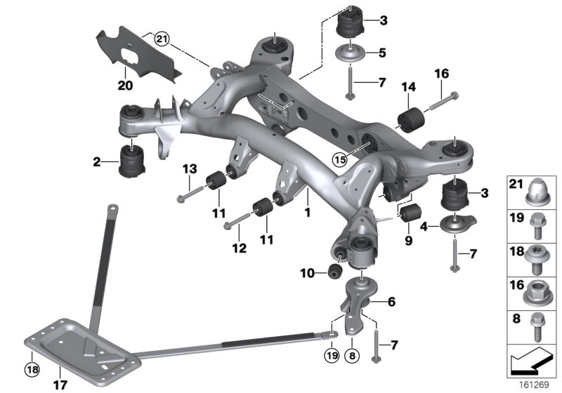 Picture board REAR AXLE CARRIER for the BMW X Series models  Original BMW spare parts from the electronic parts catalog (ETK) for BMW motor vehicles (car)   Fixing plug, Hex Bolt with washer, Hexagon screw with flange, Nut, PUSH ROD LEFT, REAR AXLE CARRIE