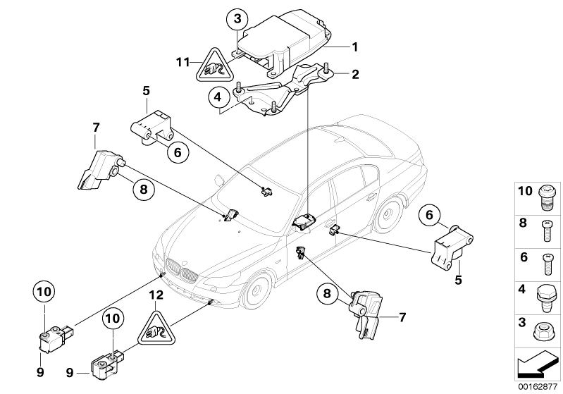 Illustration du Pièces électriques d`airbag pour les BMW 5 Série Modèles  Pièces de rechange d'origine BMW du catalogue de pièces électroniques (ETK) pour véhicules automobiles BMW (voiture)   Bracket, control unit Airbag, Control unit airbag, Fillister h