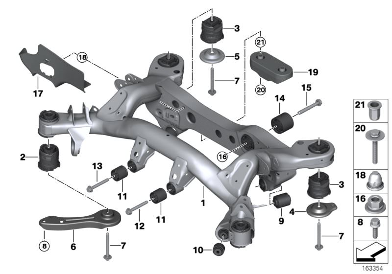 Picture board REAR AXLE CARRIER for the BMW 3 Series models  Original BMW spare parts from the electronic parts catalog (ETK) for BMW motor vehicles (car)   Blind rivet nut, flat headed, Collar screw, Combination nut, Hex Bolt with washer, PUSH ROD RIGHT,