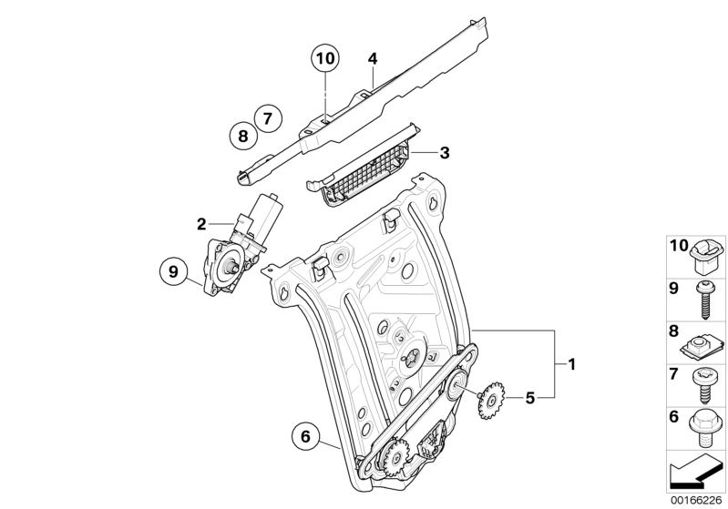 Picture board DOOR WINDOW LIFTING MECHANISM REAR for the BMW 1 Series models  Original BMW spare parts from the electronic parts catalog (ETK) for BMW motor vehicles (car)   Acoustic trim, right, C-clip nut, Connection angle, right, Drive, window lifter, 