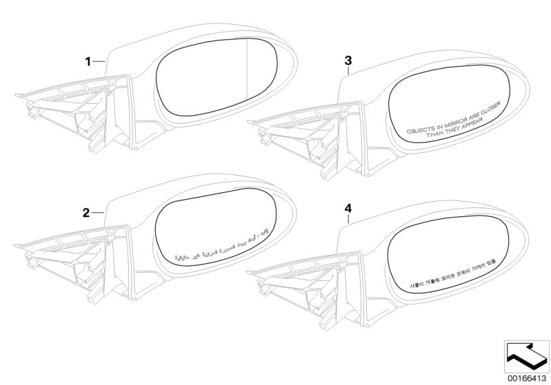 Illustration du Verre de rétroviseur (option S430A) pour les BMW 1 Série Modèles  Pièces de rechange d'origine BMW du catalogue de pièces électroniques (ETK) pour véhicules automobiles BMW (voiture)   Mirror glass, heated, convex, right, Mirror glass, hea