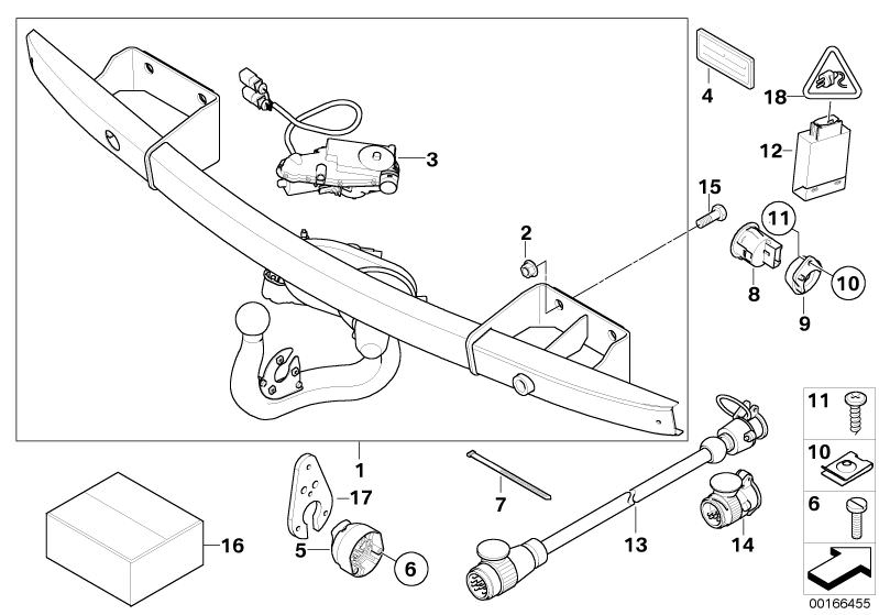 Picture board SINGLE PARTS OF TRAILER HITCH for the BMW 3 Series models  Original BMW spare parts from the electronic parts catalog (ETK) for BMW motor vehicles (car)   Adapter, Body nut, Bracket, switch, trailer coupling, Cable tie, Combi. fillister head
